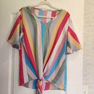 BiBi Multicolor Striped Short Sleeve Top Size S Euc